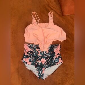 Pink and Green Leaf Print Swimsuit set